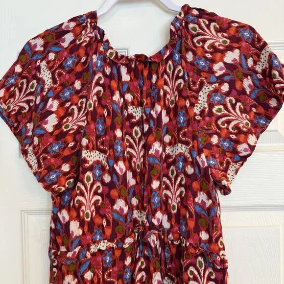 Anthropologie Robin Mini Dress XS Red Pink Babydoll Floral Ruffled Tiered Fairy
