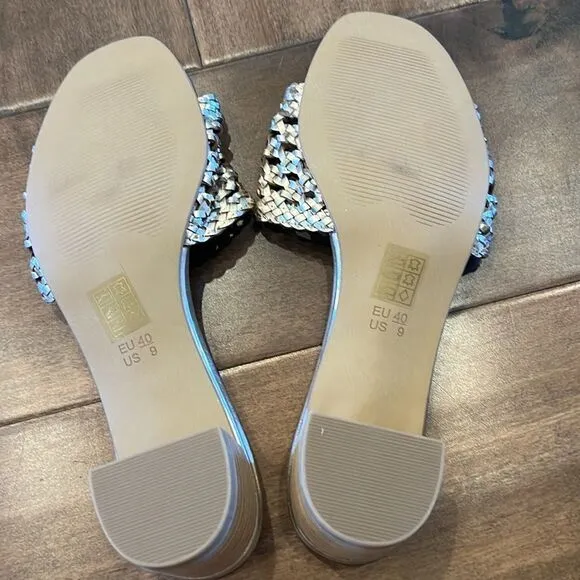 Anthropologie Salt   Umber Tripoli Heels Woven Gold Slide Dressy Sandals US 9