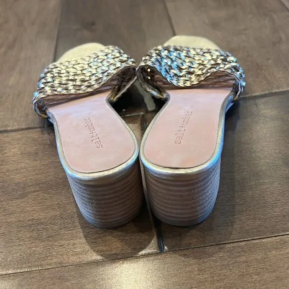 Anthropologie Salt   Umber Tripoli Heels Woven Gold Slide Dressy Sandals US 9