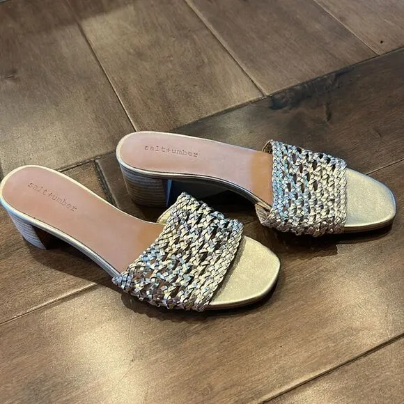 Anthropologie Salt   Umber Tripoli Heels Woven Gold Slide Dressy Sandals US 9