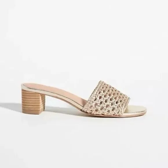 Anthropologie Salt   Umber Tripoli Heels Woven Gold Slide Dressy Sandals US 9