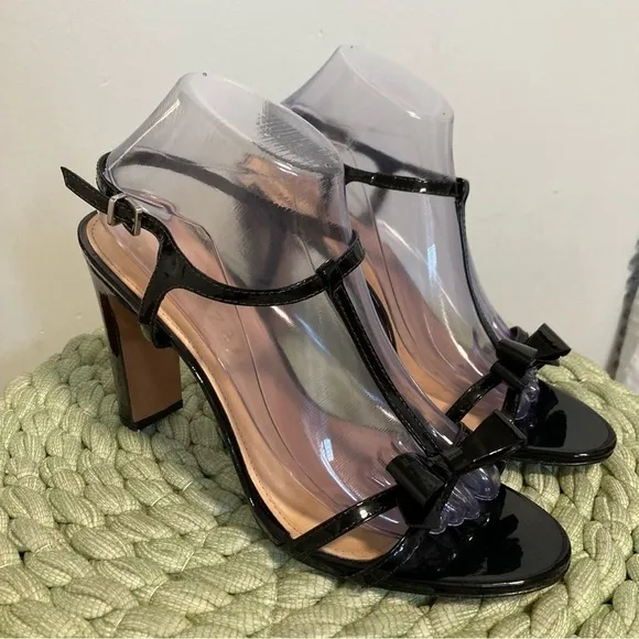 Anthropologie Vicenza Black Patent Leather Bow T-Strap Heel Sandals NWOB