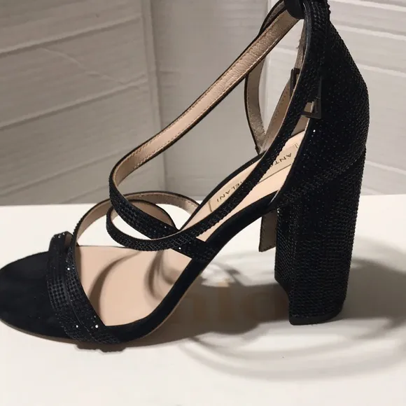 Antonio Melani rhinestone encrusted strappy block heel sandals. EUC