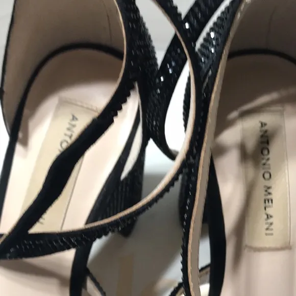 Antonio Melani rhinestone encrusted strappy block heel sandals. EUC