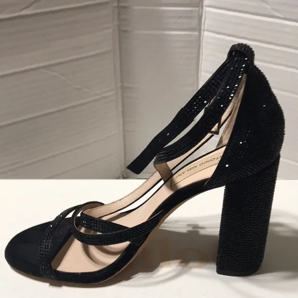 Antonio Melani rhinestone encrusted strappy block heel sandals. EUC