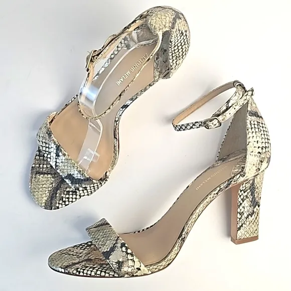 Antonio Melani Stacen Leather Snake Print Ankle Strap Block Heel Sandal …
