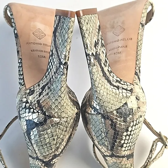 Antonio Melani Stacen Leather Snake Print Ankle Strap Block Heel Sandal …