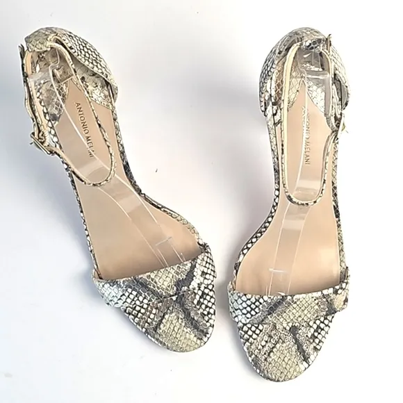Antonio Melani Stacen Leather Snake Print Ankle Strap Block Heel Sandal …