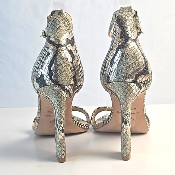 Antonio Melani Stacen Leather Snake Print Ankle Strap Block Heel Sandal …