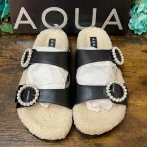 Aqua Black Furry Suede Faux Fur Slide Sandals  9M