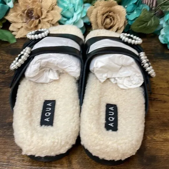Aqua Black Furry Suede Faux Fur Slide Sandals  9M