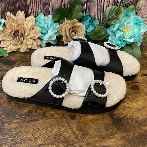 Aqua Black Furry Suede Faux Fur Slide Sandals  9M