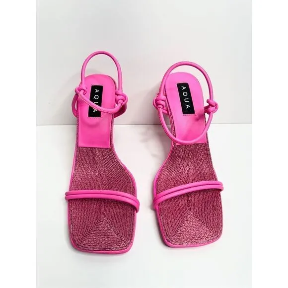 AQUA Sandals Womens Size 8 Square Toe Pink Raffia Detail Slip On Heel NEW