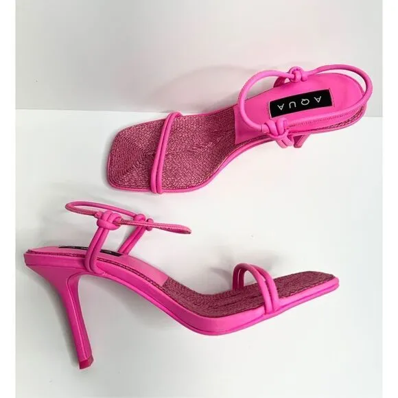 AQUA Sandals Womens Size 8 Square Toe Pink Raffia Detail Slip On Heel NEW