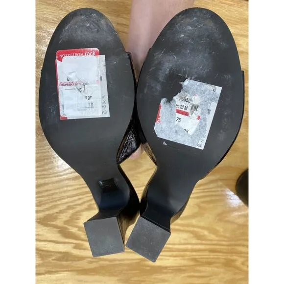 Aquatalia Women 10 Black Patent Leather Slip On Block Open Toe Slide Sandals S29