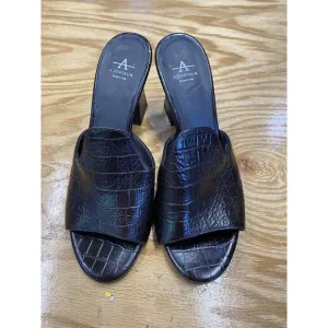 Aquatalia Women 10 Black Patent Leather Slip On Block Open Toe Slide Sandals S29
