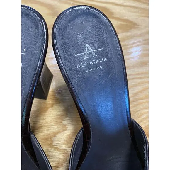 Aquatalia Women 10 Black Patent Leather Slip On Block Open Toe Slide Sandals S29