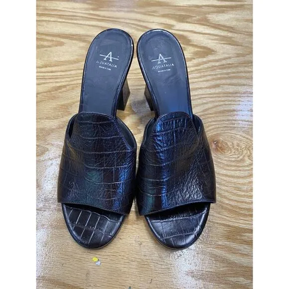 Aquatalia Women 10 Black Patent Leather Slip On Block Open Toe Slide Sandals S29