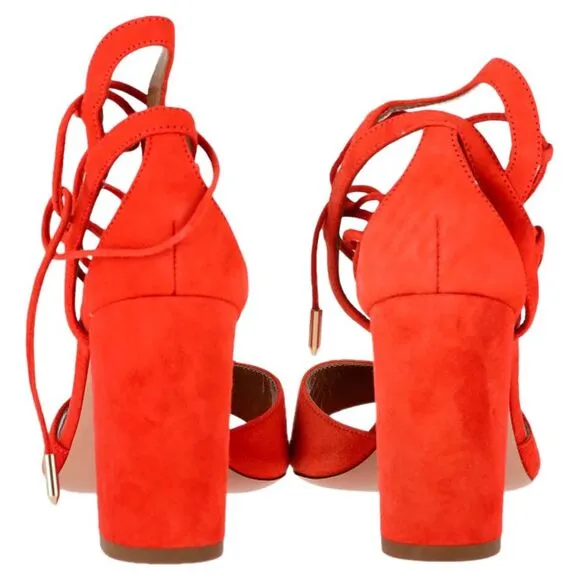 Aquazzura Austin Strappy Sandal Heels in Orange Suede