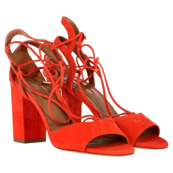 Aquazzura Austin Strappy Sandal Heels in Orange Suede