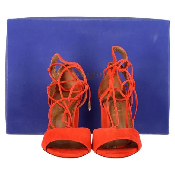 Aquazzura Austin Strappy Sandal Heels in Orange Suede