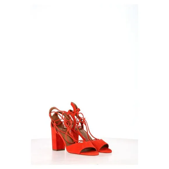 Aquazzura Austin Strappy Sandal Heels in Orange Suede