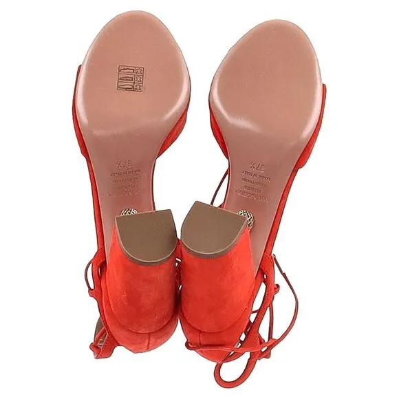Aquazzura Austin Strappy Sandal Heels in Orange Suede