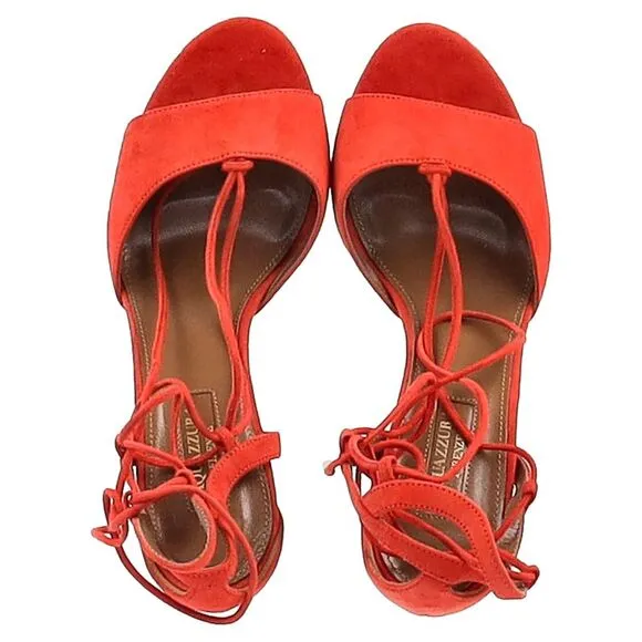 Aquazzura Austin Strappy Sandal Heels in Orange Suede