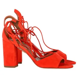 Aquazzura Austin Strappy Sandal Heels in Orange Suede