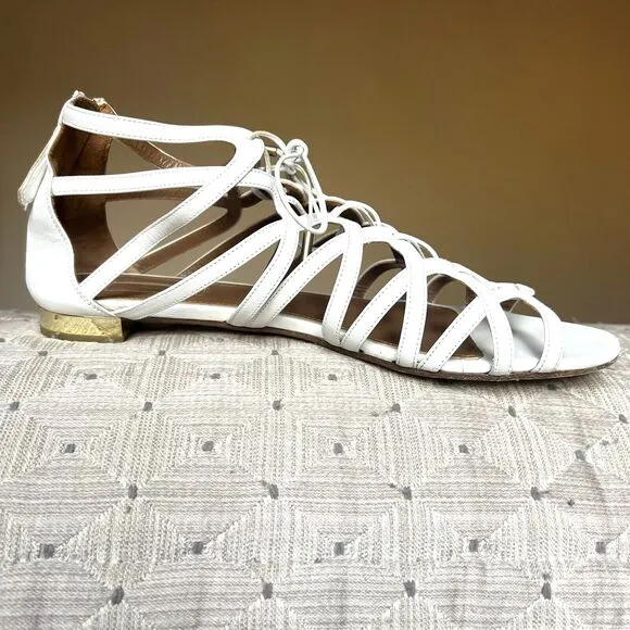 Aquazzura White Leather Gladiator Flat Sandal Gold Low Heel EU 41 US 10.5 - 11