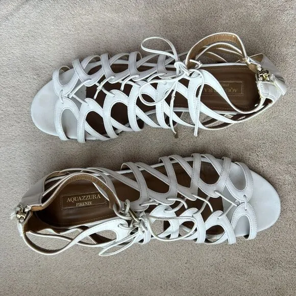 Aquazzura White Leather Gladiator Flat Sandal Gold Low Heel EU 41 US 10.5 - 11