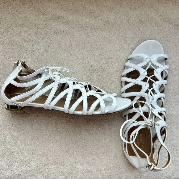 Aquazzura White Leather Gladiator Flat Sandal Gold Low Heel EU 41 US 10.5 - 11