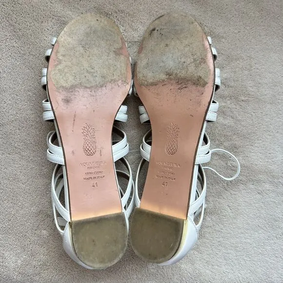 Aquazzura White Leather Gladiator Flat Sandal Gold Low Heel EU 41 US 10.5 - 11