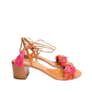 Aquazzura Wild Thing Fringe Block Heel Ankle Wrap Sandals size 39 Pink Orange