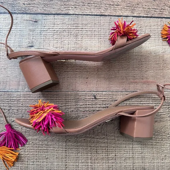 Aquazzura Wild Thing Fringe Block Heel Ankle Wrap Sandals size 39 Pink Orange