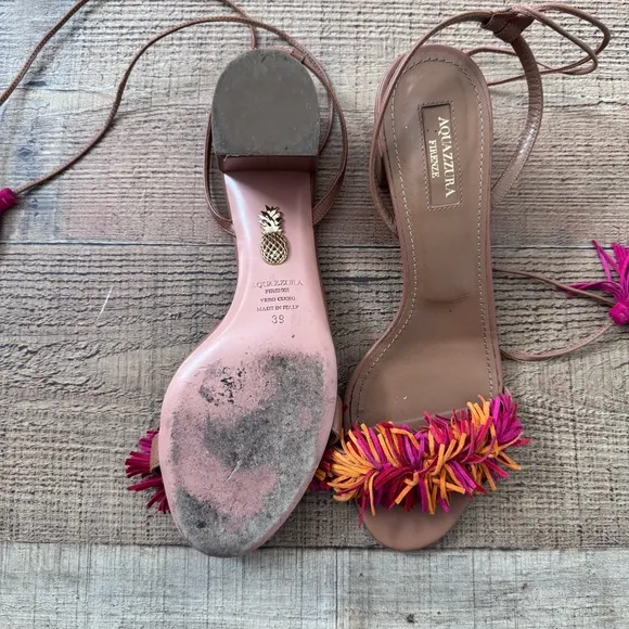 Aquazzura Wild Thing Fringe Block Heel Ankle Wrap Sandals size 39 Pink Orange