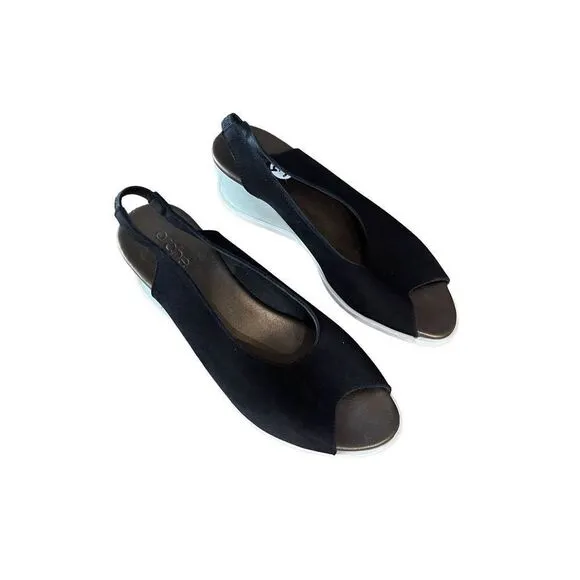 Arche Womens Black Slip On Peep Toe Leather Heels Wedge Sandals Size 37