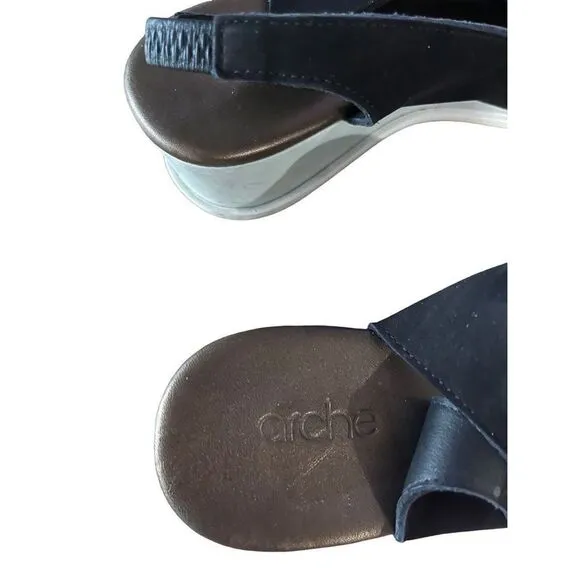 Arche Womens Black Slip On Peep Toe Leather Heels Wedge Sandals Size 37