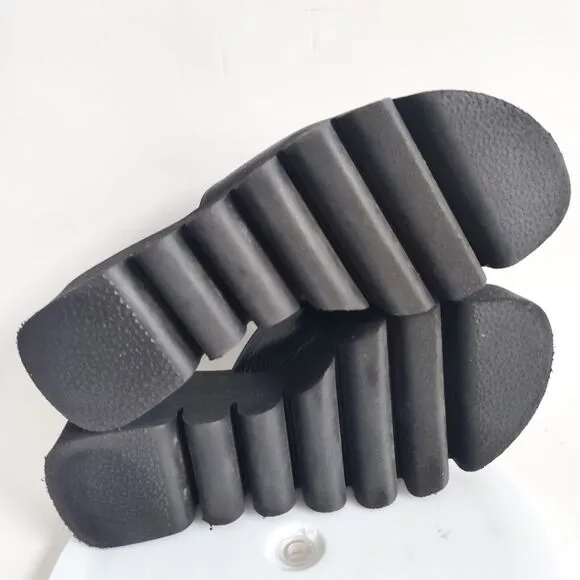 Aska Pebbled Leather Platform Wedge Slides Slip-on Lug Sole Chunky Black Sandals