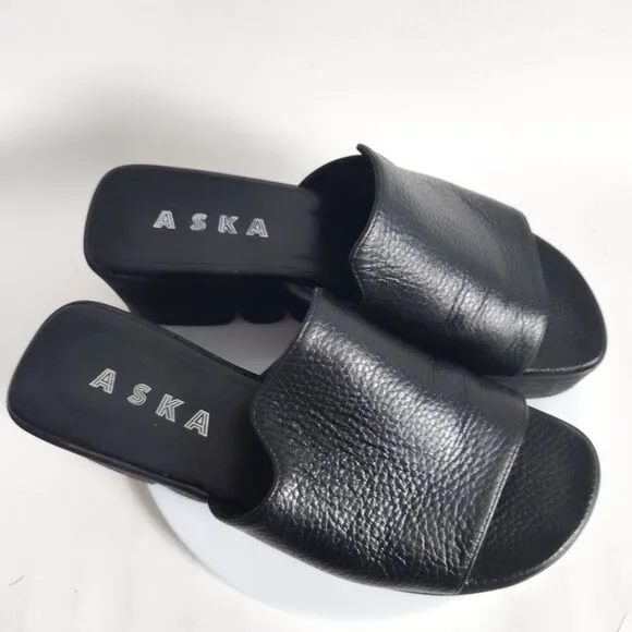 Aska Pebbled Leather Platform Wedge Slides Slip-on Lug Sole Chunky Black Sandals