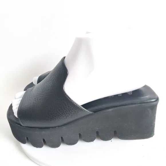 Aska Pebbled Leather Platform Wedge Slides Slip-on Lug Sole Chunky Black Sandals