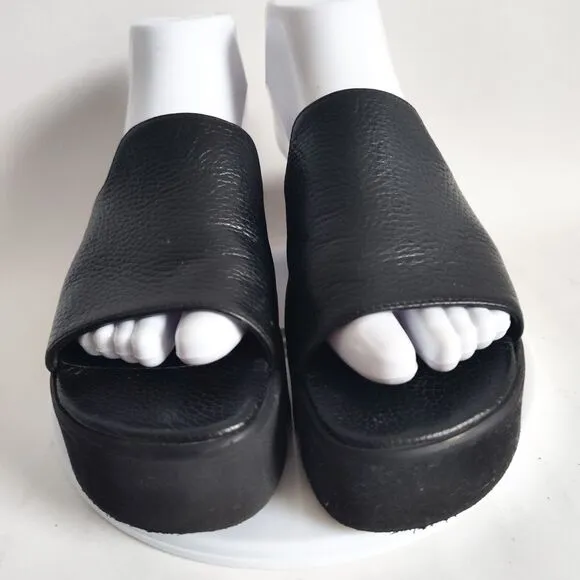 Aska Pebbled Leather Platform Wedge Slides Slip-on Lug Sole Chunky Black Sandals