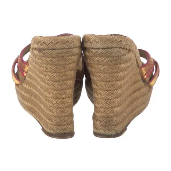 AUTH CHRISTIAN LOUBOUTIN Pink Gold Espadrille Wedge Platform Sandals Sz IT 37 7