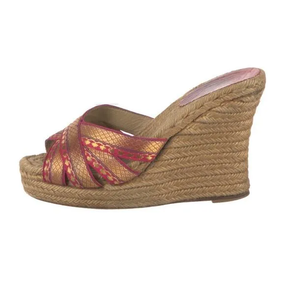 AUTH CHRISTIAN LOUBOUTIN Pink Gold Espadrille Wedge Platform Sandals Sz IT 37 7