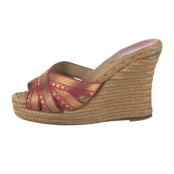 AUTH CHRISTIAN LOUBOUTIN Pink Gold Espadrille Wedge Platform Sandals Sz IT 37 7