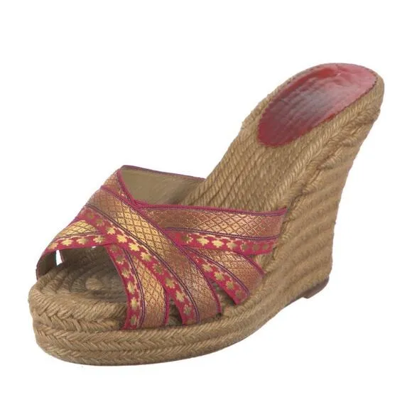 AUTH CHRISTIAN LOUBOUTIN Pink Gold Espadrille Wedge Platform Sandals Sz IT 37 7