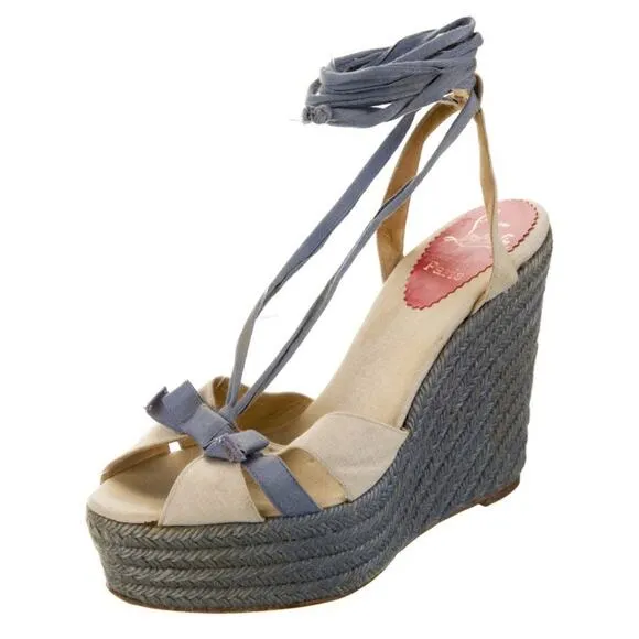Authentic Christian Louboutin Blue Cream Wedge Lace Up Gladiator Sandals EU 39