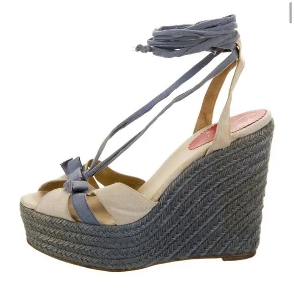 Authentic Christian Louboutin Blue Cream Wedge Lace Up Gladiator Sandals EU 39