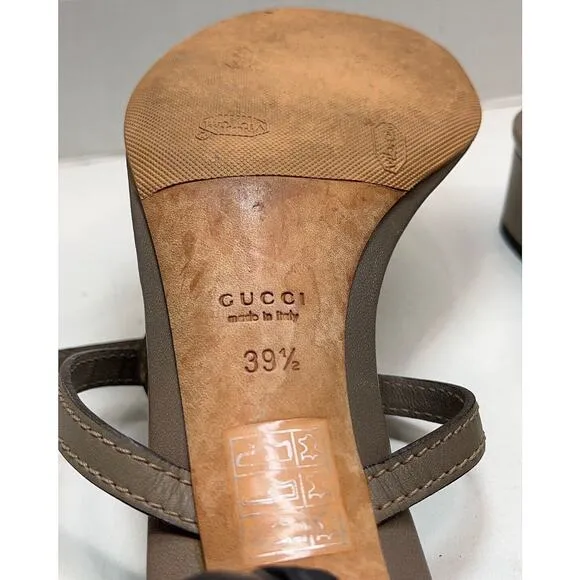 Authentic Gucci Taupe Leather Thong Block Heel Sandal Size EU 39.5/US 9