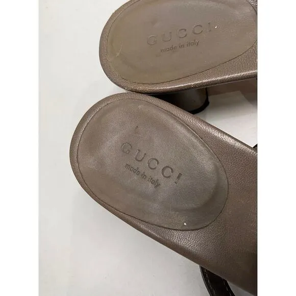 Authentic Gucci Taupe Leather Thong Block Heel Sandal Size EU 39.5/US 9